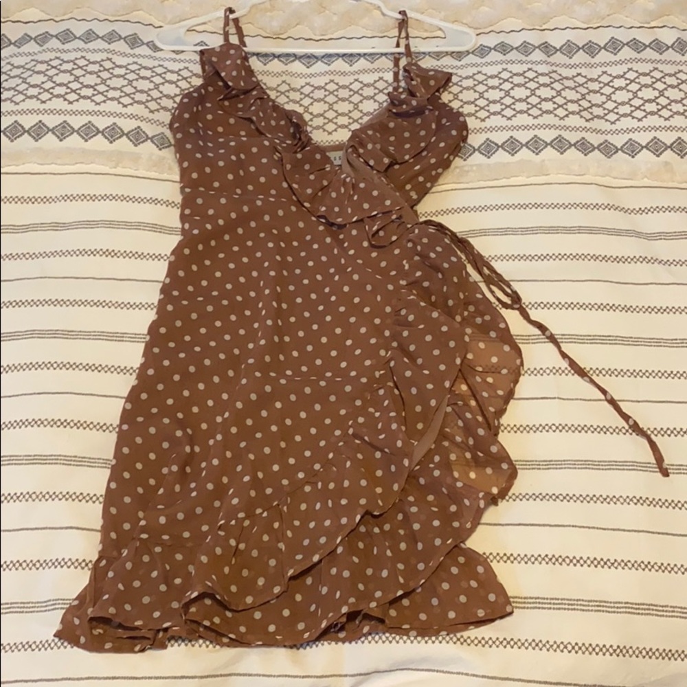 Taupe and white polka dot wrap dress